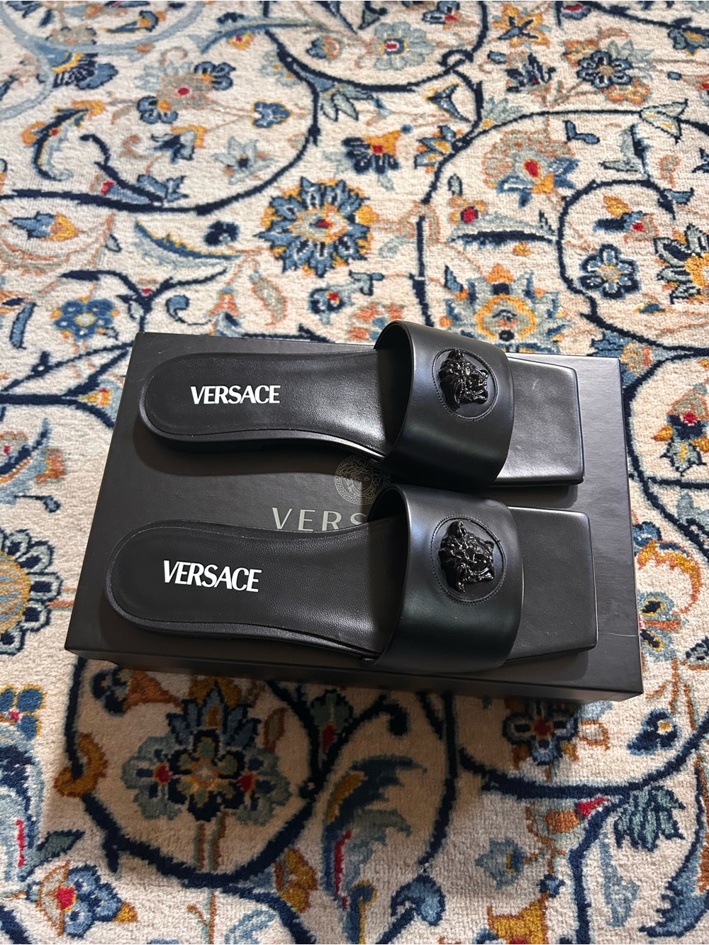 Versace Black Leather Medusa Slide Sandals with Embossed Medusa